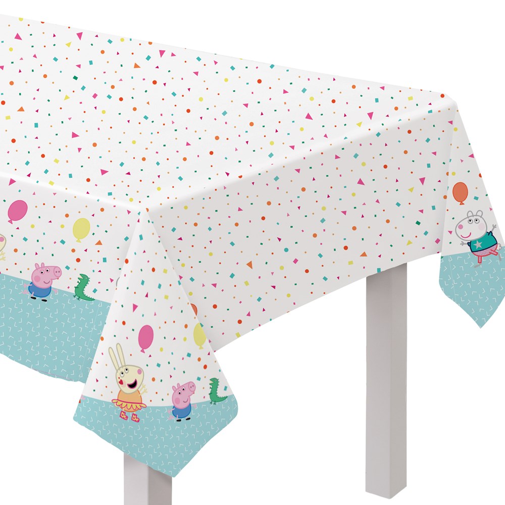 White plastic tablecover with colorful confetti and Peppa Pig characters holding balloons along blue edges.