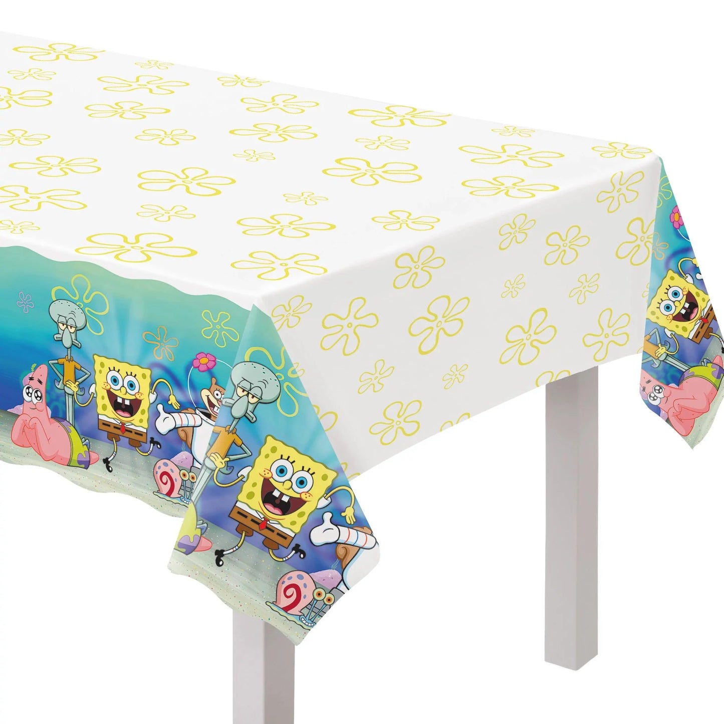Rectangular white table cover with yellow flower patterns and colorful SpongeBob SquarePants characters on the sides.