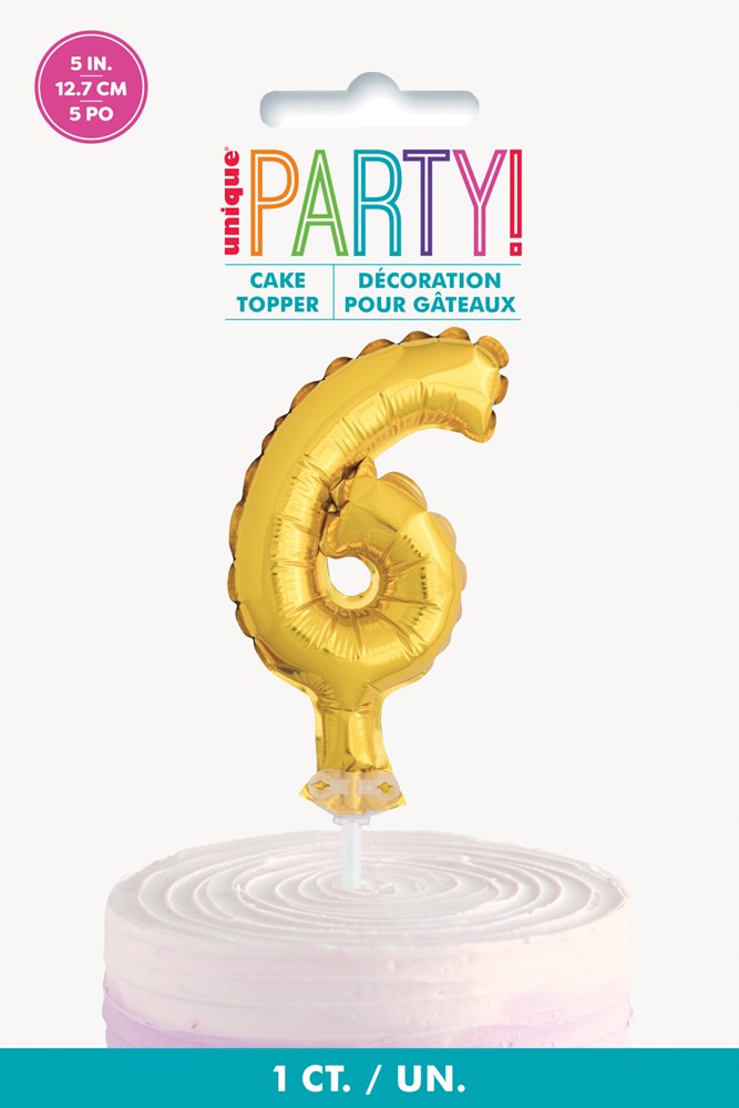 Adorno para tarta de 5 pulgadas con globo número 6 de lámina dorada