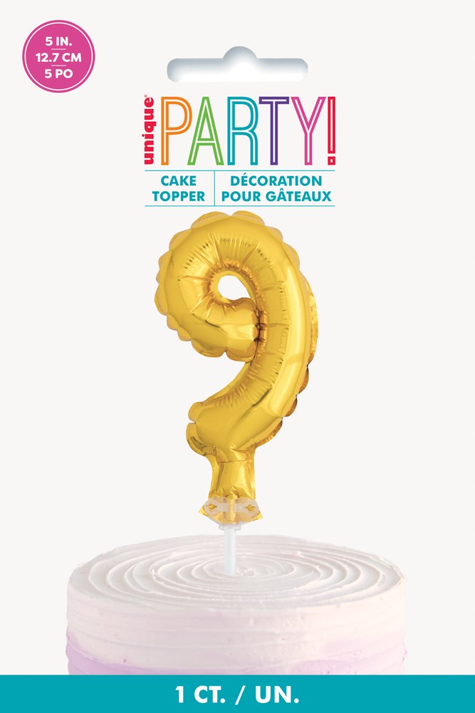 Adorno para tarta de 5 pulgadas con globo número 9 de lámina dorada