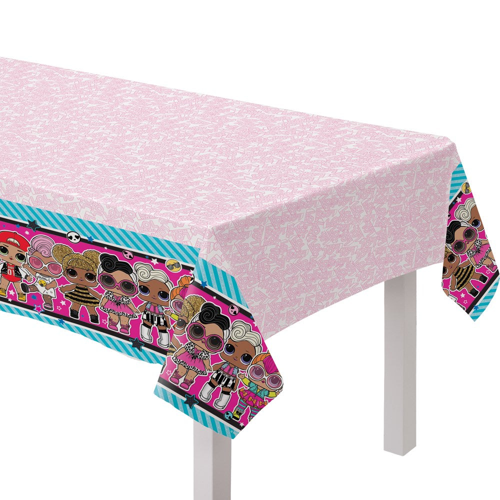 Pink plastic table cover with LOL Surprise characters and blue striped border design.