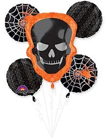 Halloween foil balloon bouquet with black skull and orange spiderweb designs.