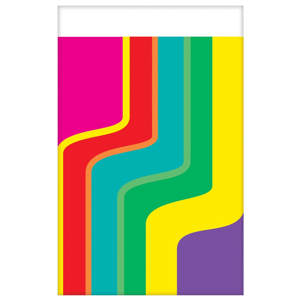 Rectangular tablecover with vibrant wavy stripes in pink, red, orange, turquoise, green, yellow, and purple.