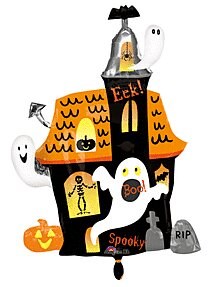 33-inch flat foil balloon shaped like a Halloween haunted house with ghosts, skeleton, pumpkin, and tombstones.