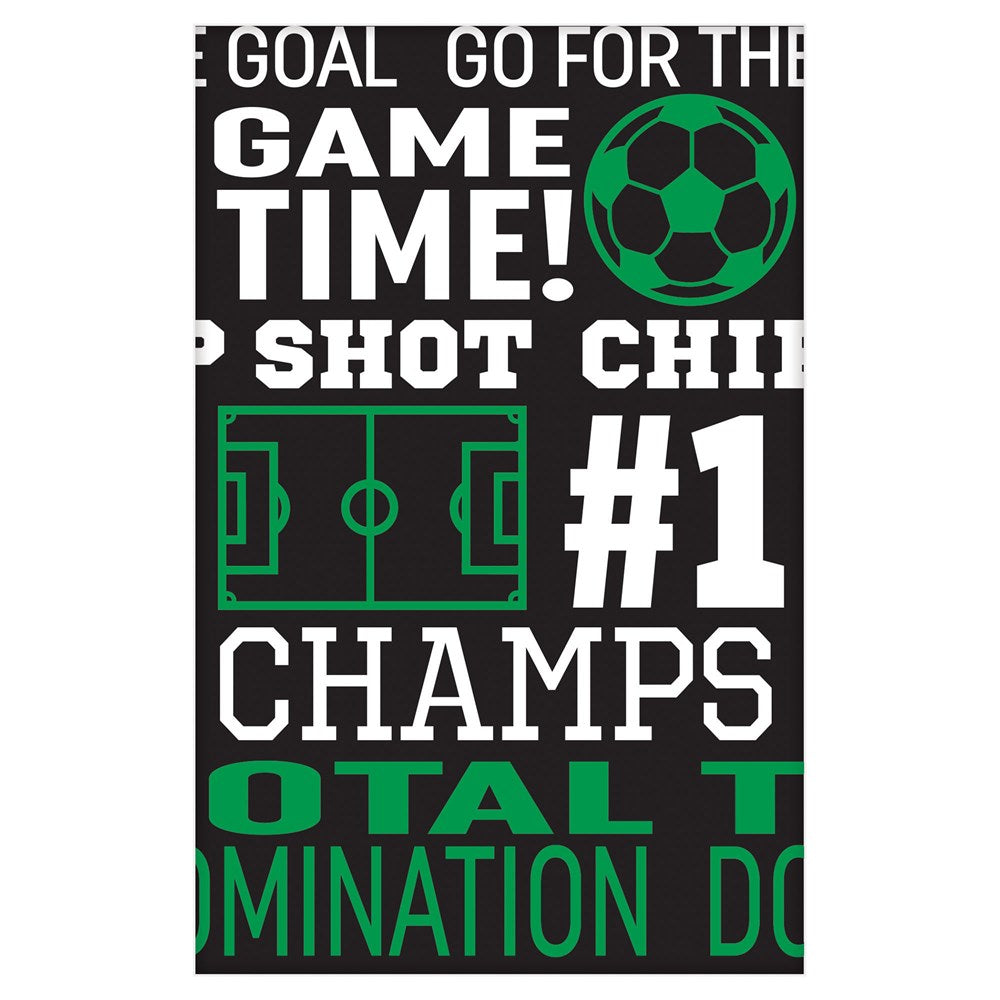 Black plastic tablecover with green and white soccer-themed graphics and bold sports phrases.