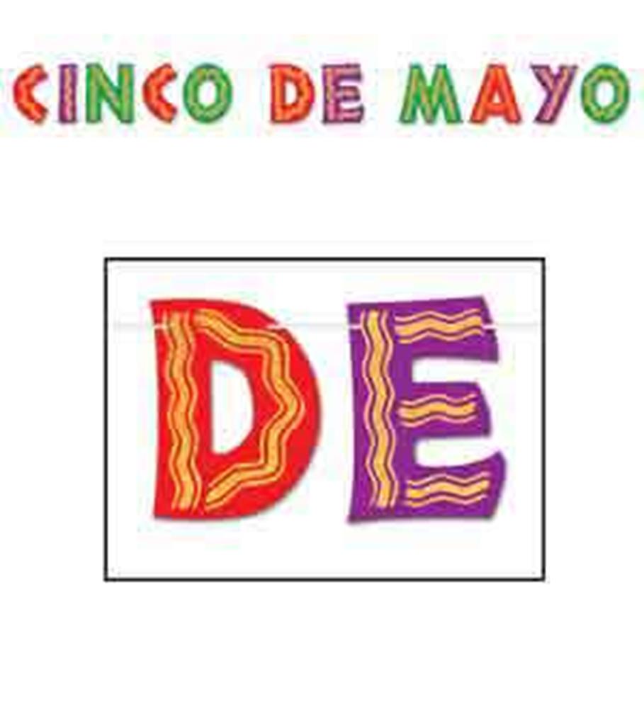 Colorful glittered banner letters spelling "CINCO DE MAYO" with festive patterns in red, green, yellow, and purple.