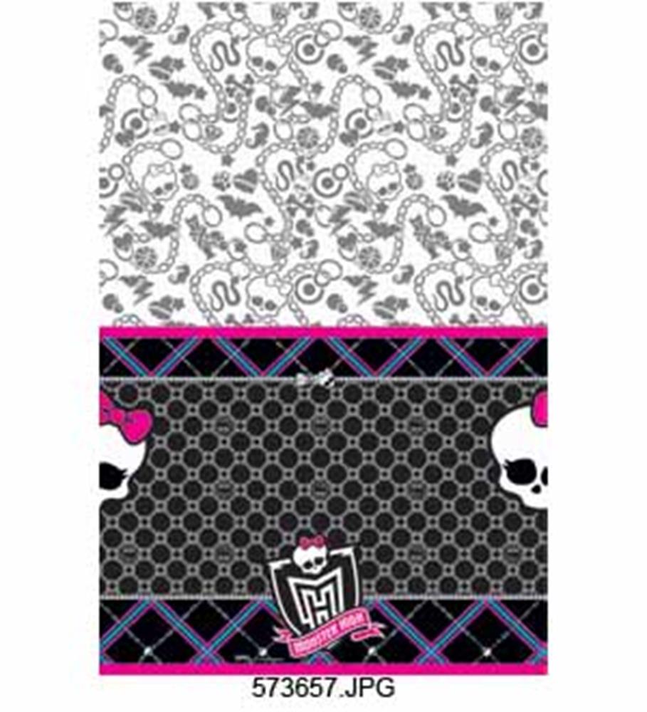 Rectangular Monster High tablecover with black honeycomb pattern and pink, purple plaid borders featuring white skulls with.