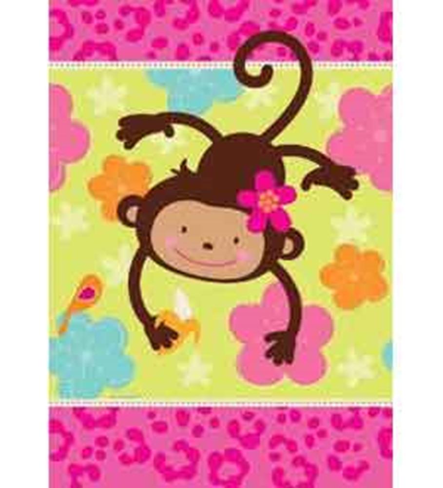 Brightly colored paper tablecover with a playful monkey surrounded by pink, blue, and orange flowers on a yellow background.