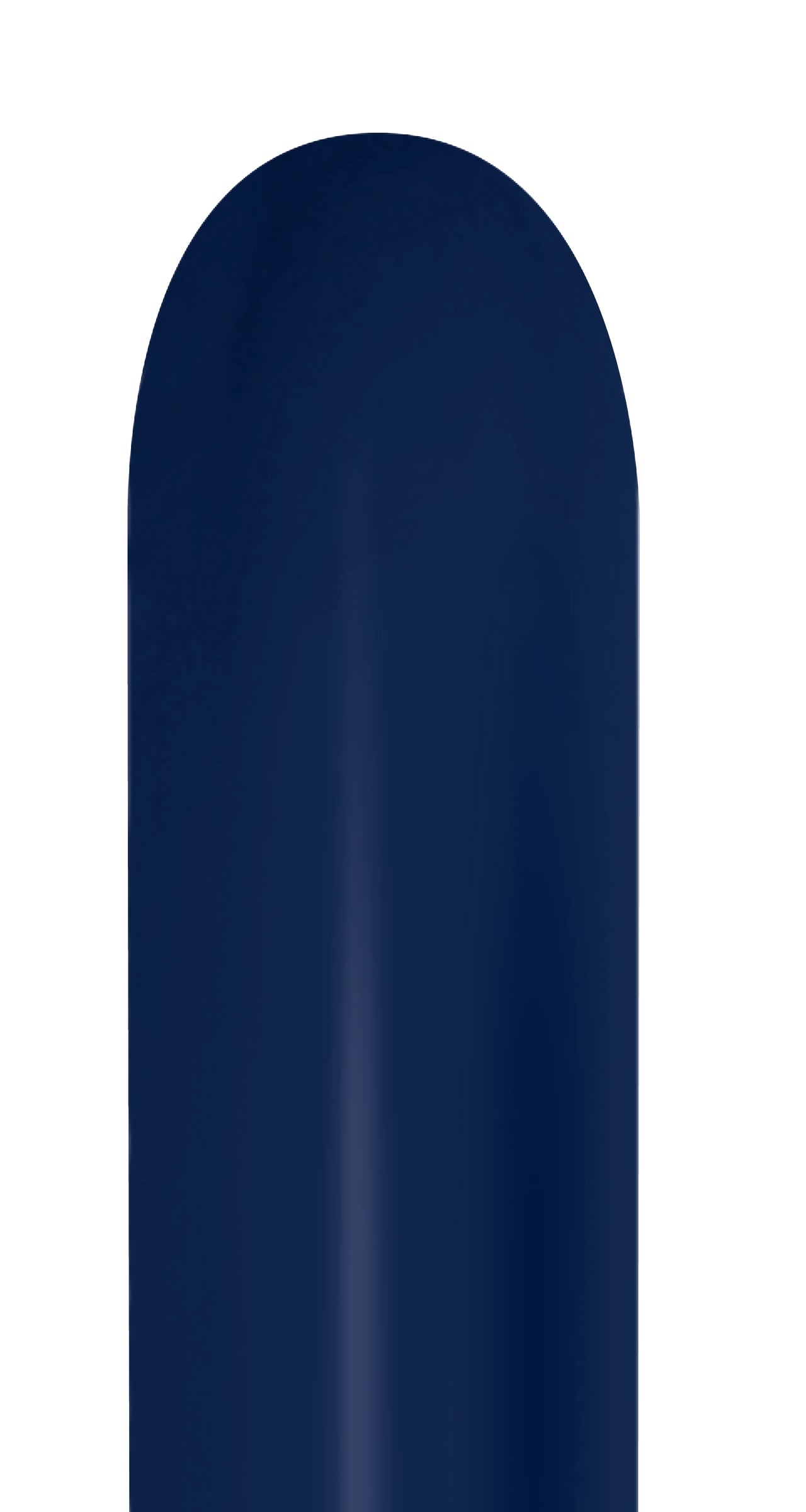 Navy blue elongated latex balloon with smooth texture and rounded end.