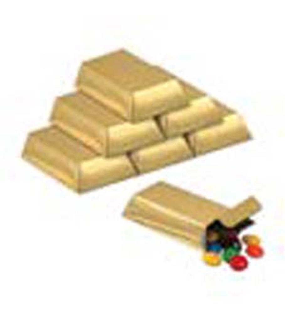 Stacked foil gold bar favor boxes with one open showing colorful candy inside.