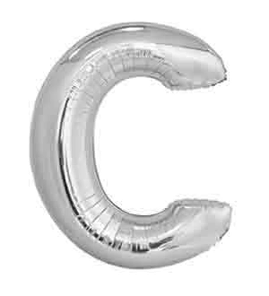 34-inch silver foil balloon shaped like the letter C with a shiny metallic finish.
