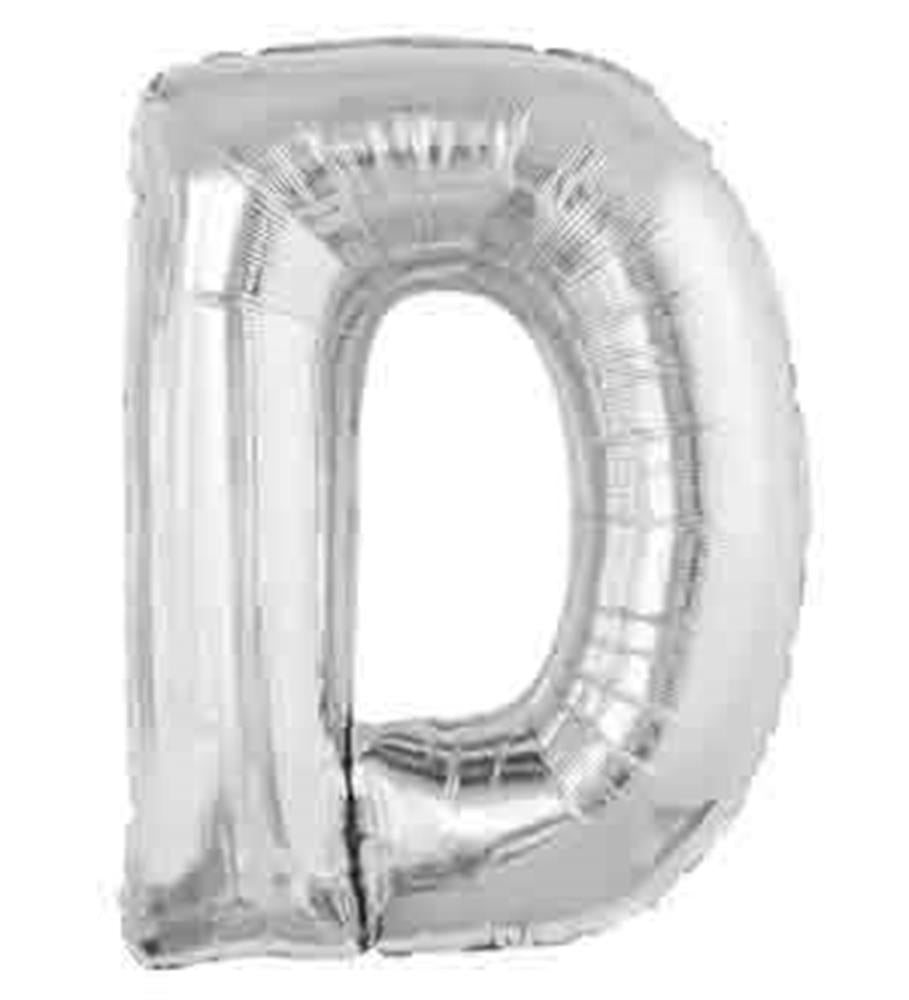 34-inch silver foil balloon shaped as the letter D with a shiny metallic finish.
