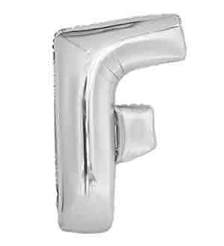 34-inch silver foil balloon shaped as the letter F with a shiny metallic finish.