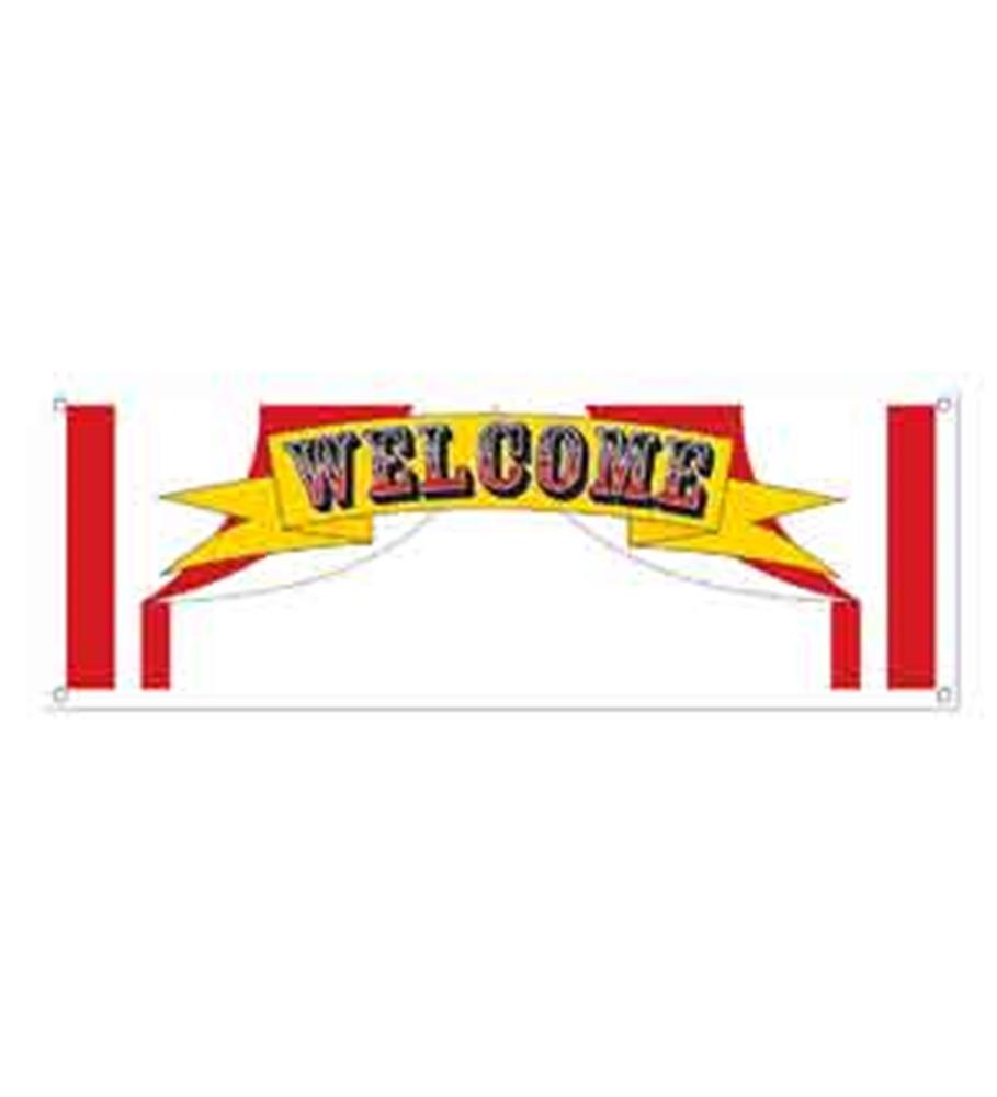 Yellow banner with red accents and bold circus-style lettering spelling "WELCOME".