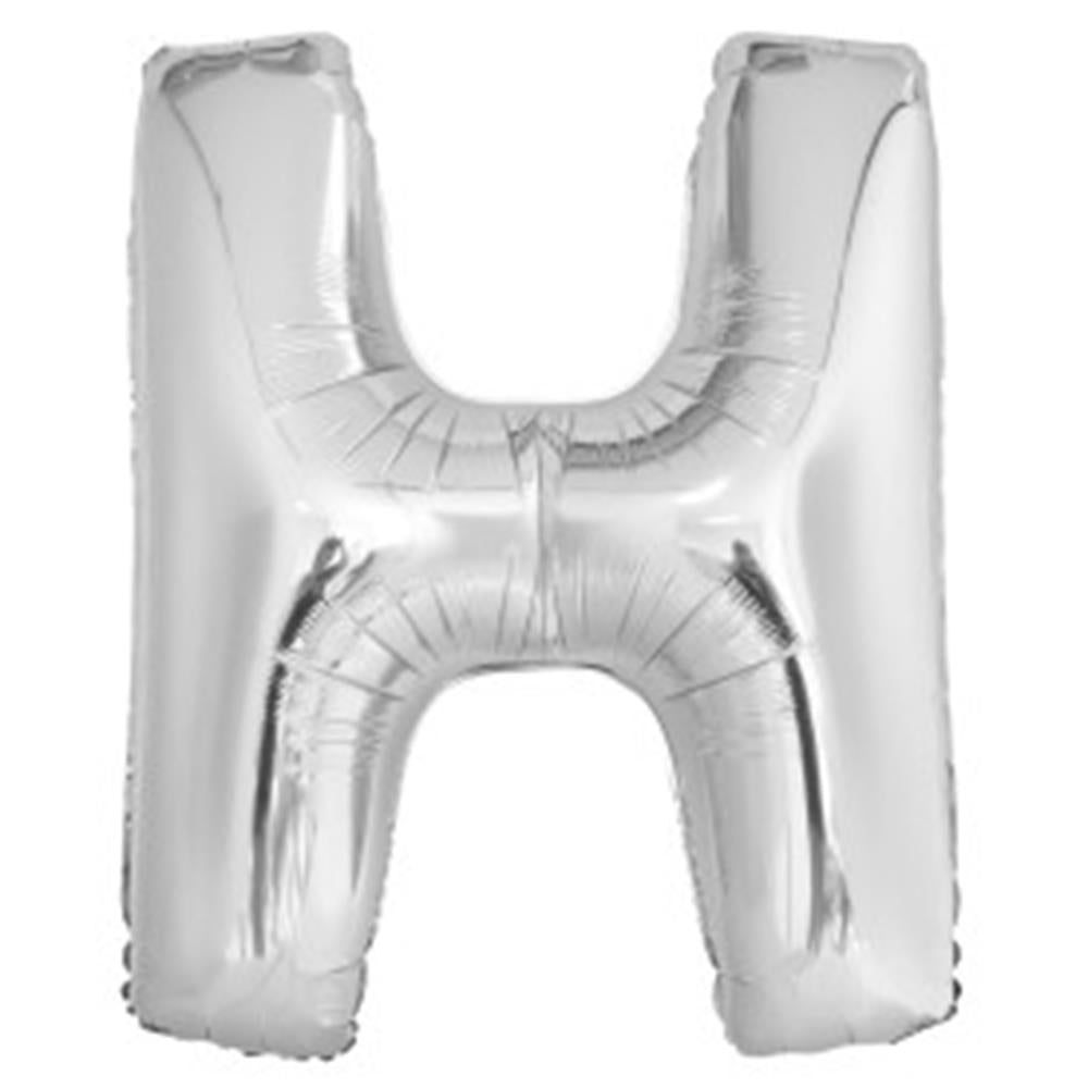 34-inch silver foil balloon shaped as the letter H with a shiny metallic finish.