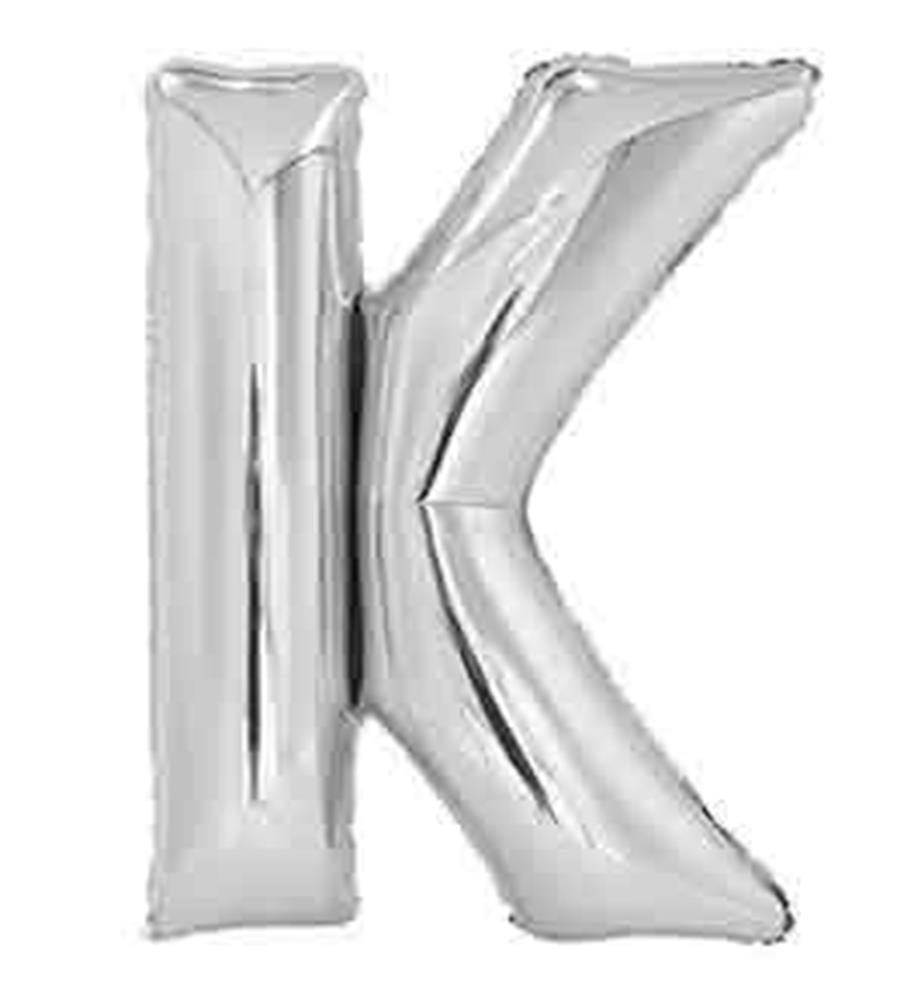 34-inch silver foil balloon shaped as a capital letter K with a glossy finish.
