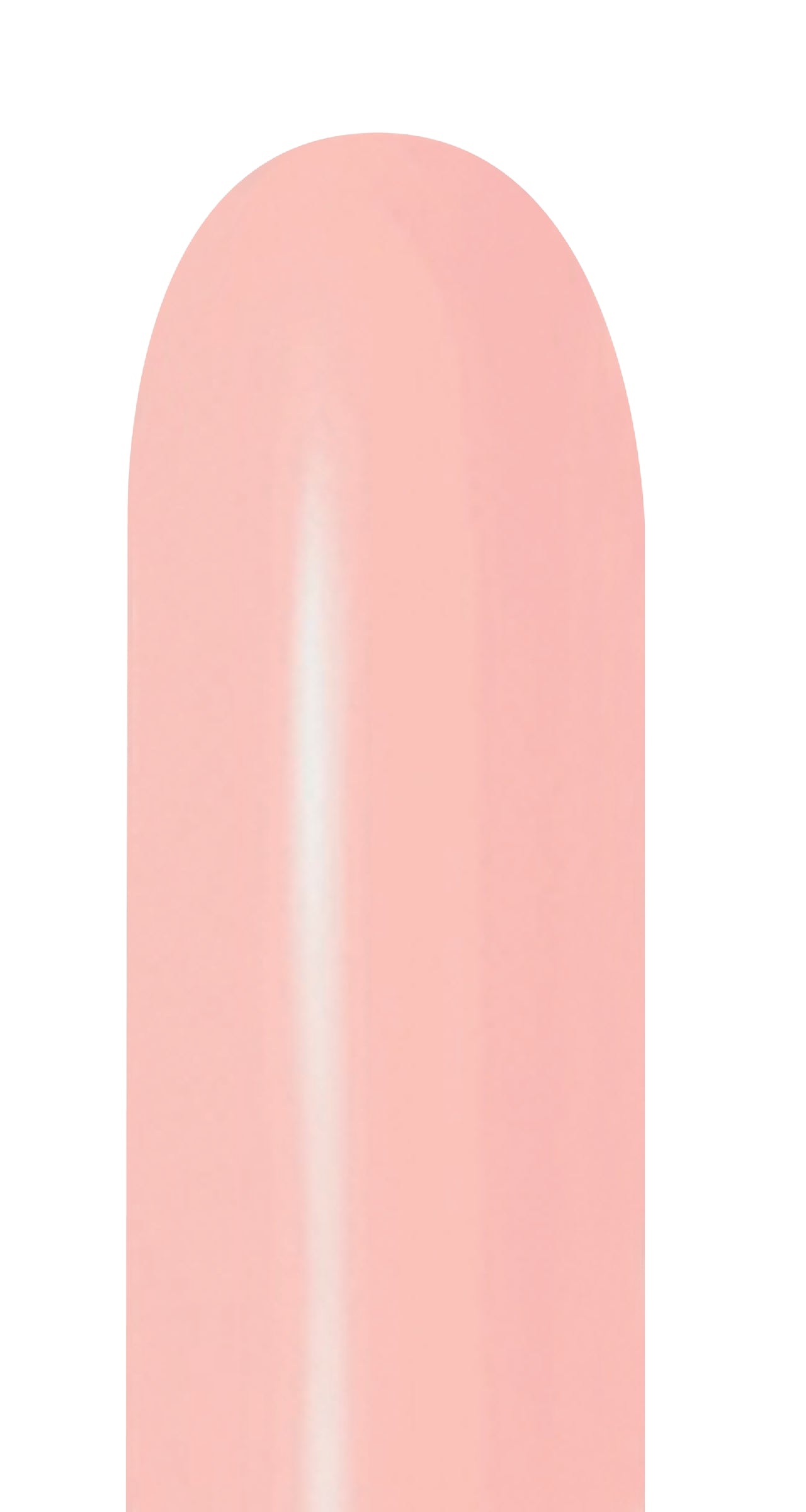 Single pastel matte melon pink long, narrow twisting balloon with a smooth latex surface.