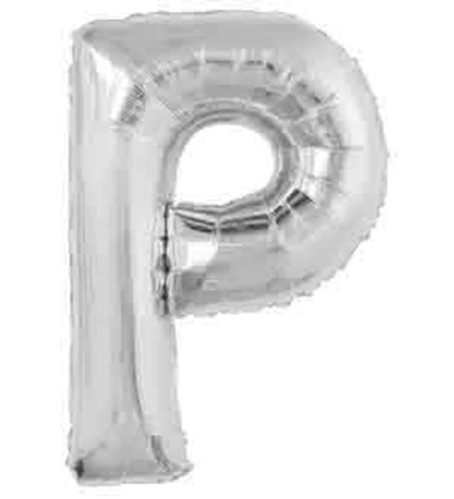 34-inch silver foil balloon shaped like the letter P with a shiny metallic finish.