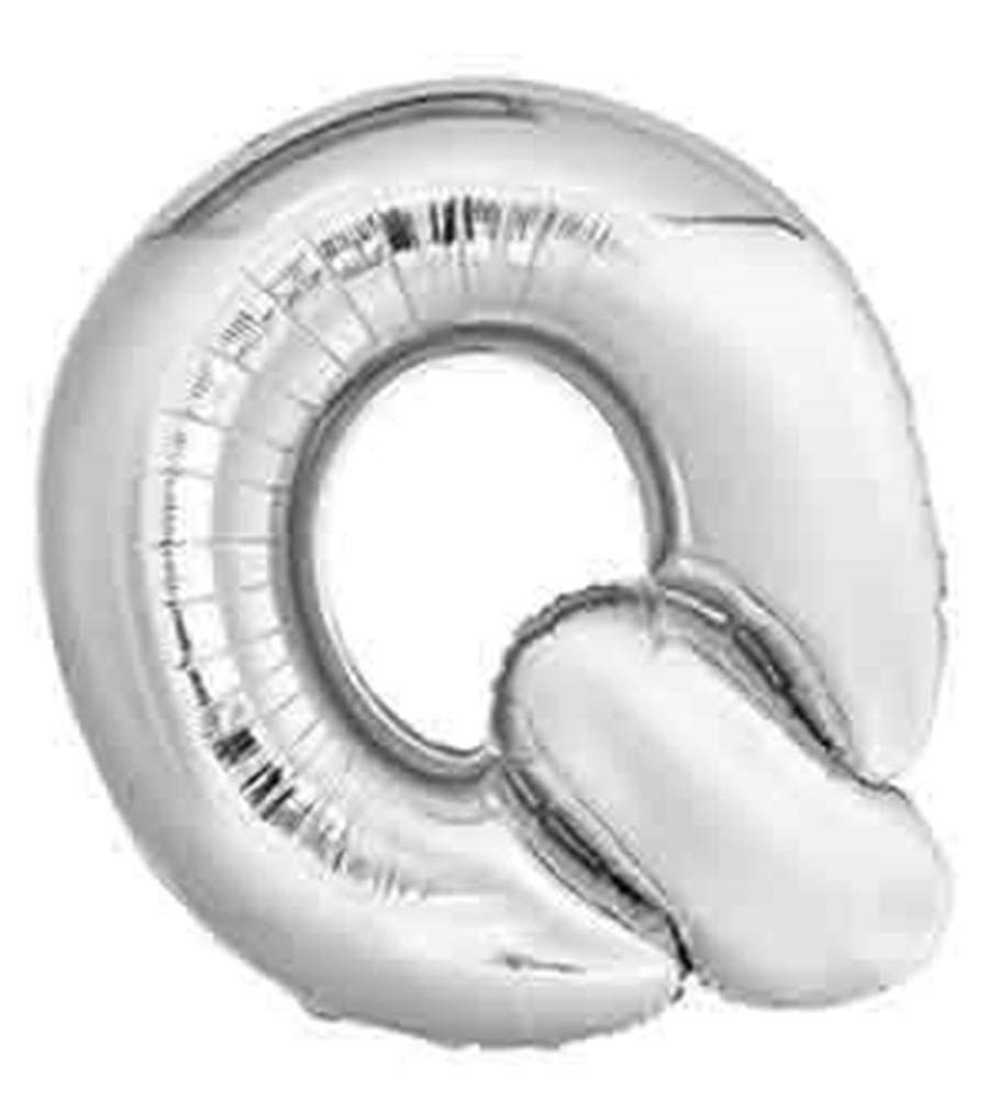 34-inch silver foil balloon shaped as the letter Q with a shiny metallic finish.
