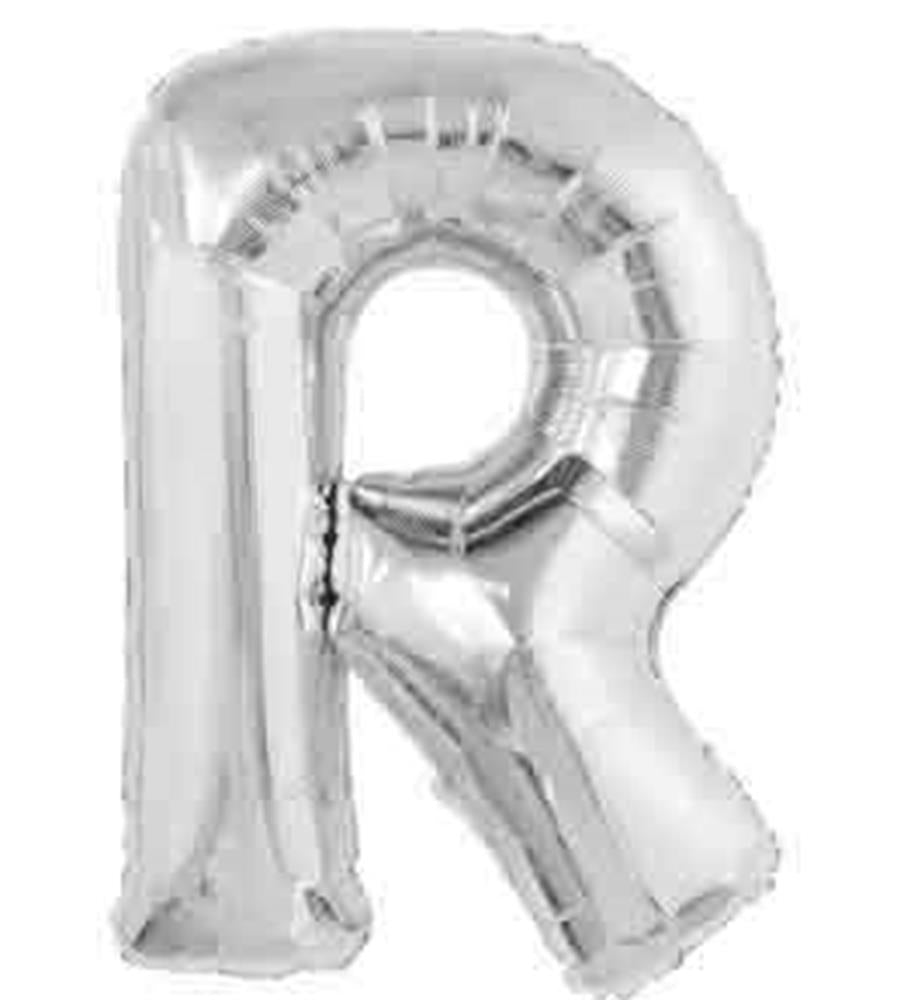 34-inch silver foil balloon shaped as the letter R with a shiny metallic finish.