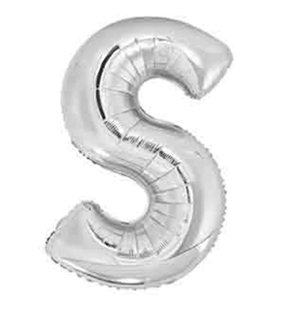 34-inch silver foil balloon shaped like the letter S with a shiny metallic finish.