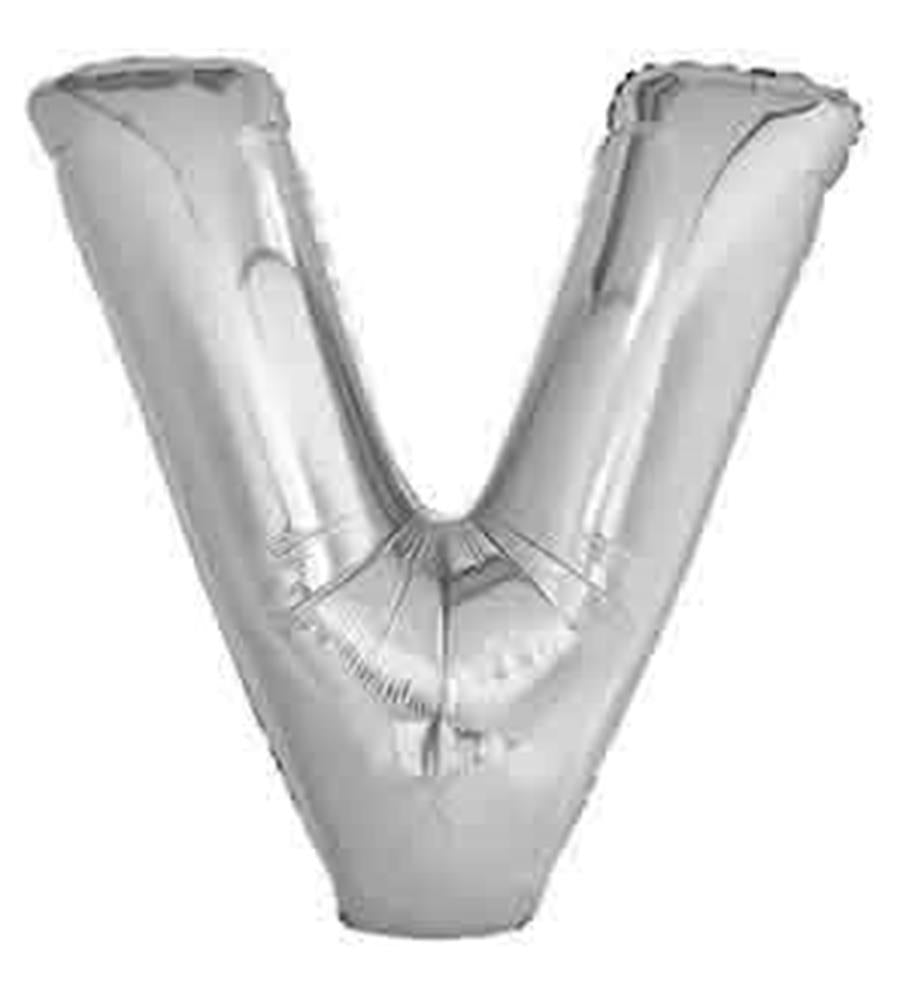 34-inch silver foil balloon shaped as the letter V with glossy finish.
