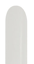 White elongated Sempertex latex balloon with nozzle up design, silky finish.