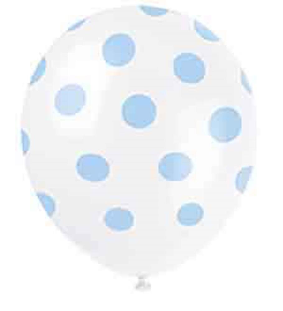 12-inch white latex balloon with powder blue polka dots, round shape.