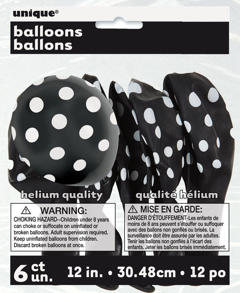 Black 12-inch latex balloons with large white polka dots, pack of six.