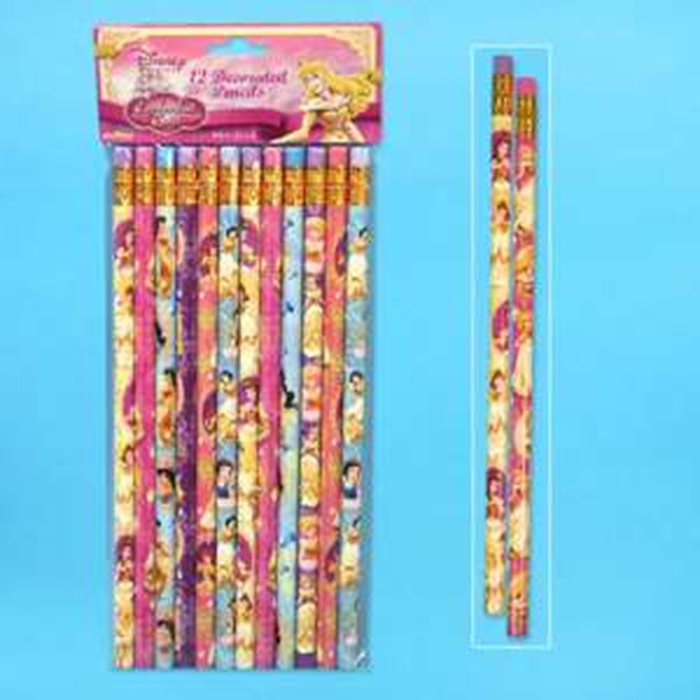Set of 12 colorful 12-inch pencils featuring Disney princess characters with pink and yellow designs.