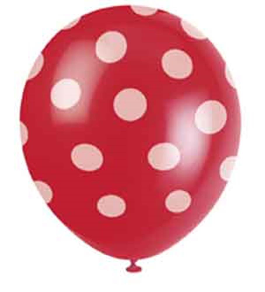 Red 12-inch latex balloon with large white polka dots, glossy finish.