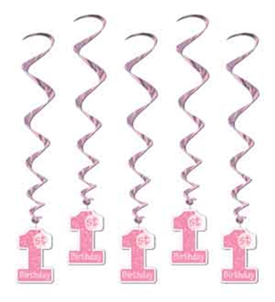 Five pink spiral hanging decorations with glittery "1st birthday" cutouts at the bottom.