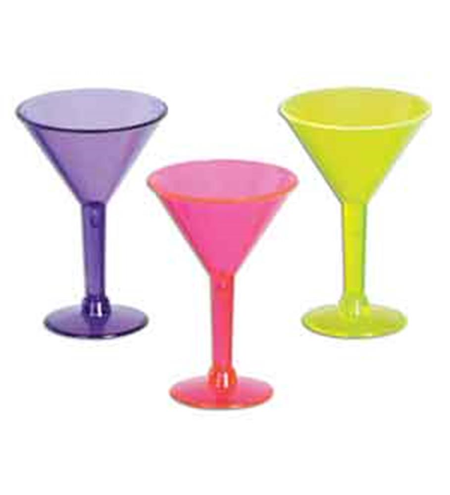 Set of three colorful plastic martini shot glasses in purple, pink, and yellow with classic conical shapes.