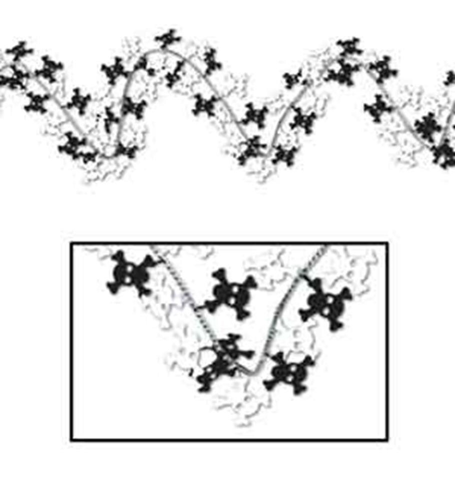 Black skeleton crossbones garland with small skull and bone motifs on thin wire strands.
