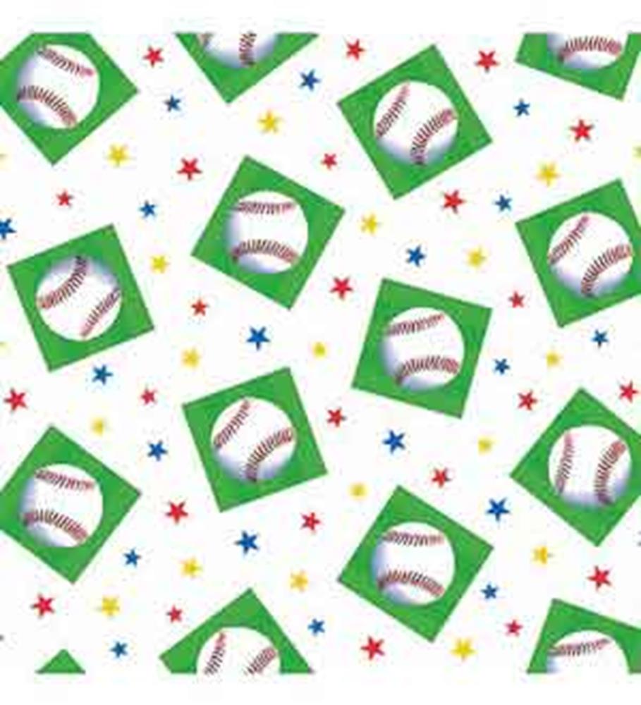White tablecover with green diamond frames containing baseballs and scattered colorful stars.