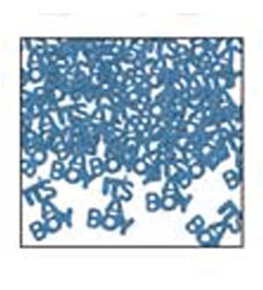 Blue plastic confetti shaped as the words "It's a Boy" scattered evenly on a white background.