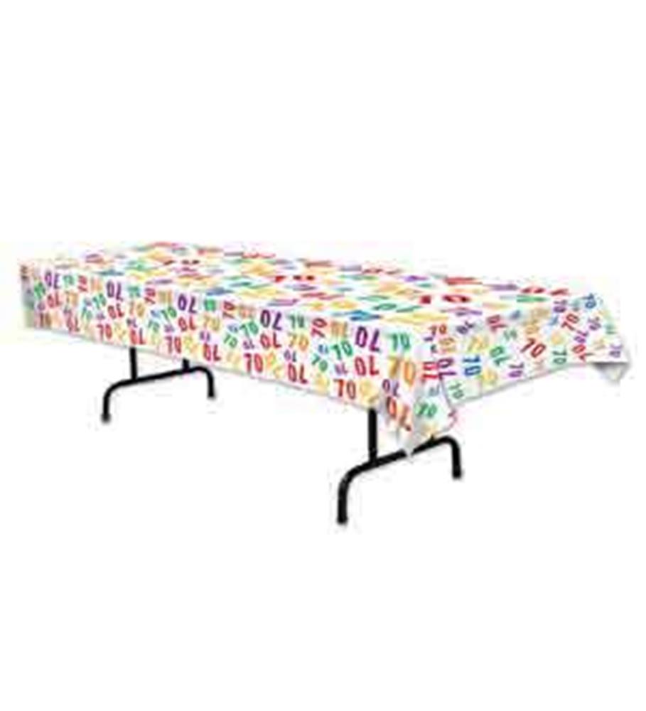 White rectangular plastic tablecover with colorful "70" numbers and birthday-themed icons scattered across the surface.