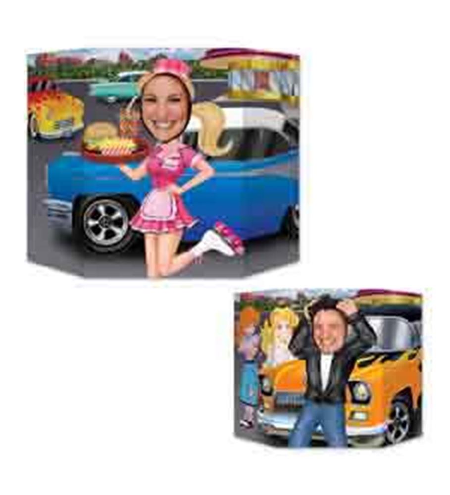 Two photo props featuring 1950s car hop and greaser characters posing in front of classic cars, with cutouts for faces.