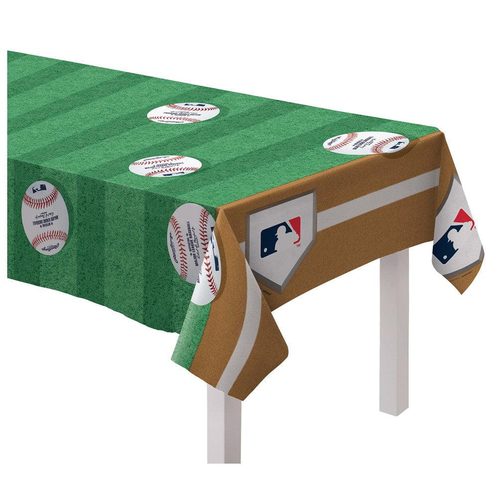 Green plastic tablecover designed like a baseball field with MLB logos and baseball graphics.