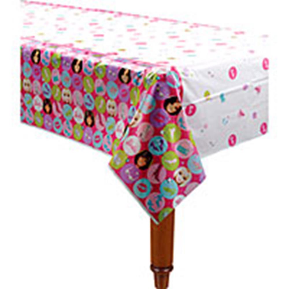 Pink Barbie-themed rectangular tablecover with colorful character circles, 54x96 inches.