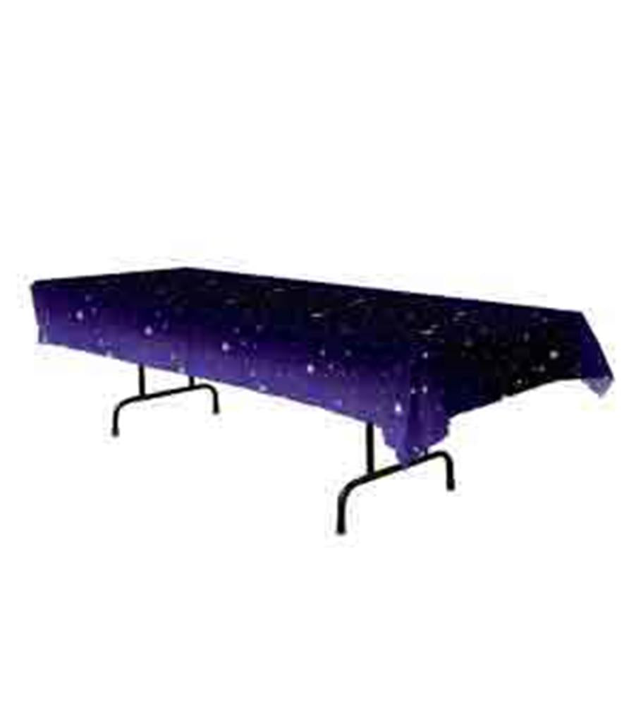 Rectangular dark purple tablecover with scattered white and gold star patterns, designed for celebratory events.