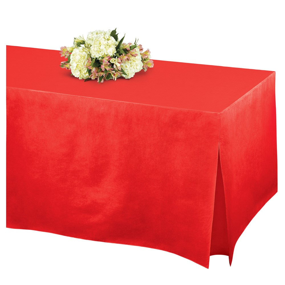 Bright apple red flannel-backed vinyl table cover with a smooth, wrinkle-resistant finish.