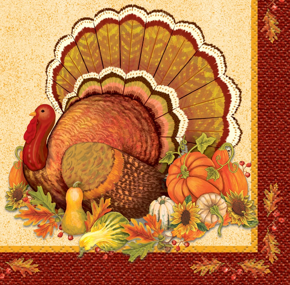 Square Thanksgiving napkin with a colorful turkey and pumpkins on a textured beige and red background.