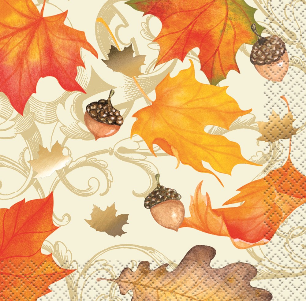 Cream napkin with orange and gold autumn leaves, acorns, and swirling vine patterns.