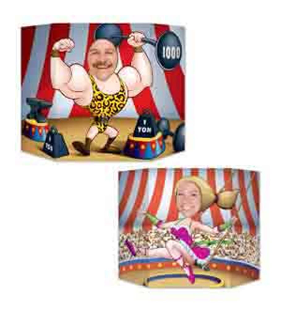 Circus-themed photo prop with two cutouts featuring a muscular strongman in a yellow leopard print outfit and a female.