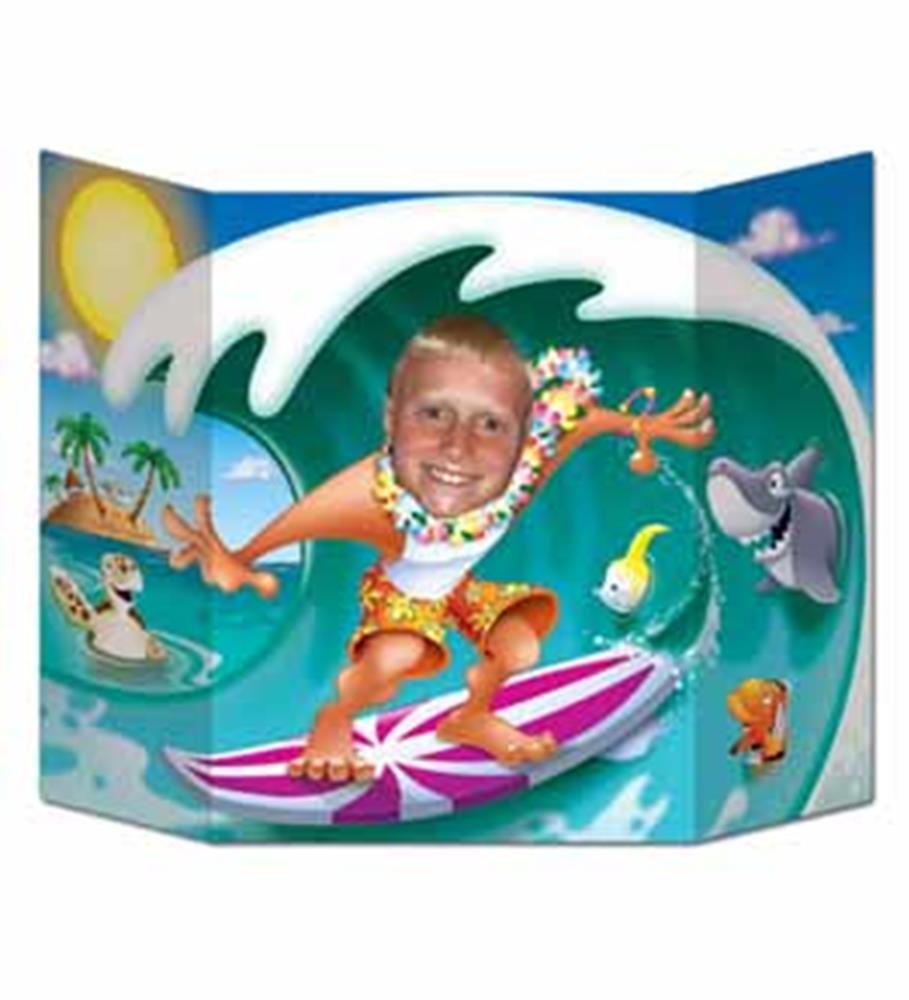 Colorful cardboard photo prop featuring a surfer with a cutout face hole, tropical ocean background, and cartoon sea animals.