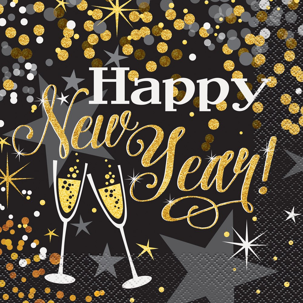 Black napkin with gold and white glittering confetti, stars, champagne glasses, and "Happy New Year!" text in gold and white