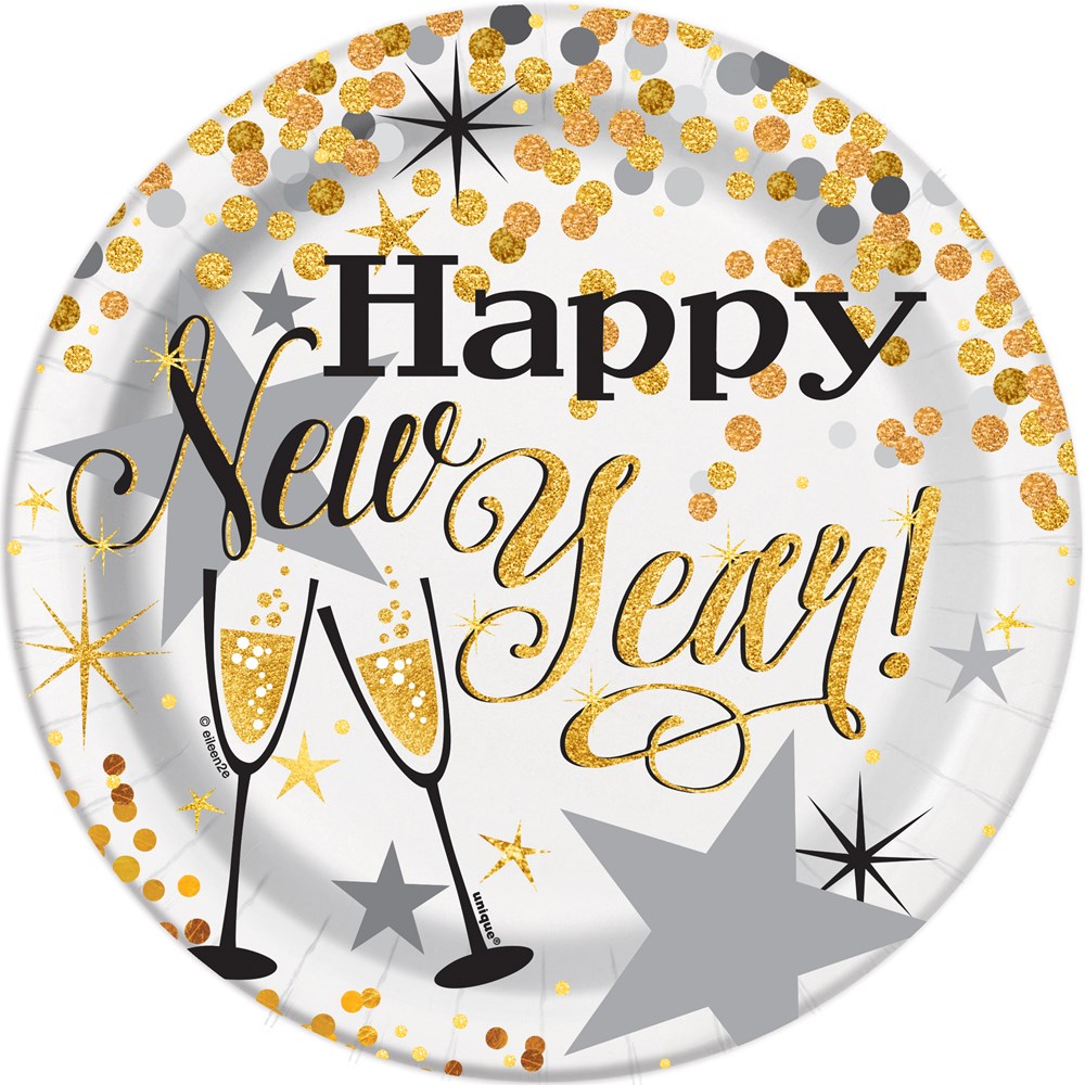 7-inch round white paper plate with gold and silver confetti, black and gold "Happy New Year!" text, champagne glasses, and.