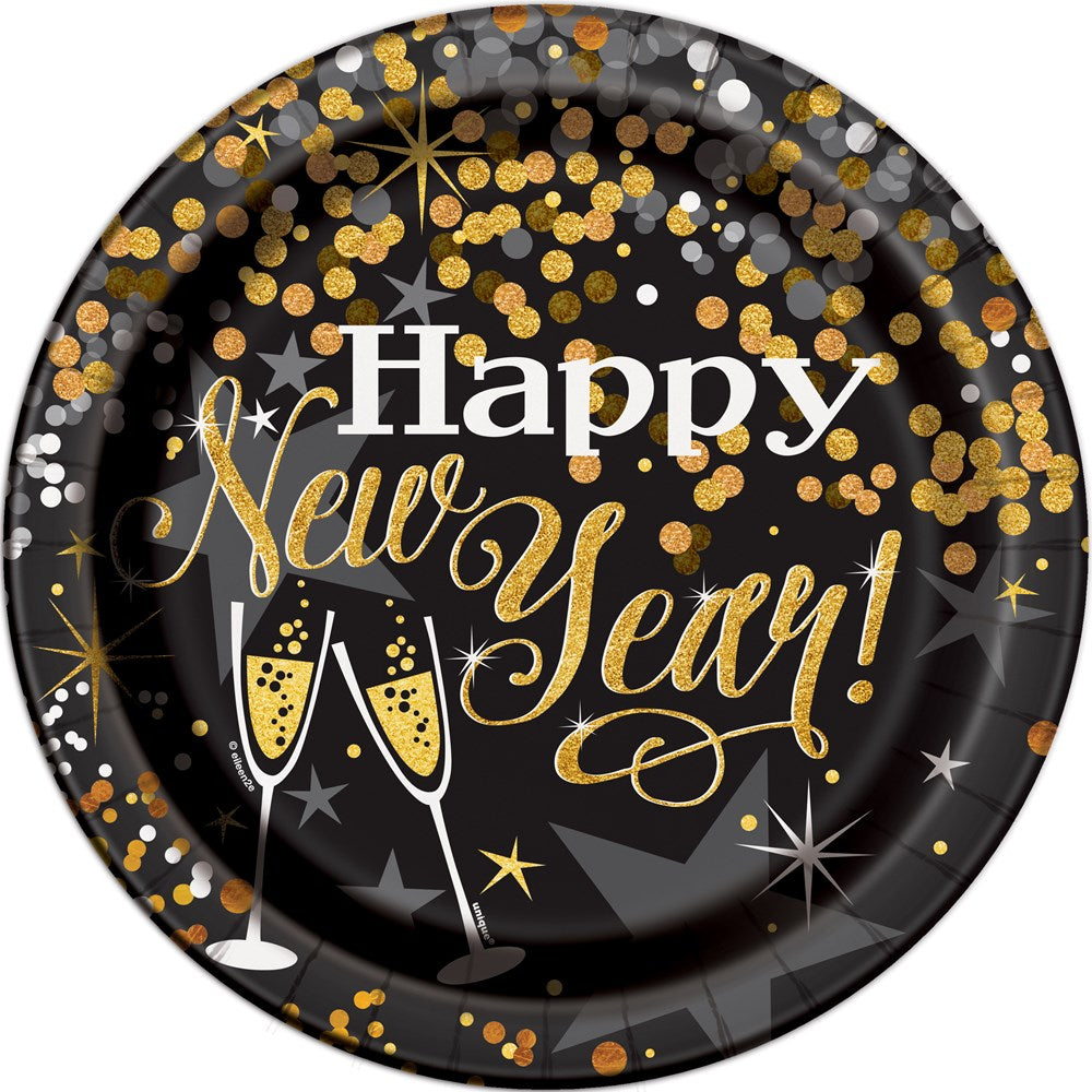Black round paper plate with gold and silver confetti and sparkling Happy New Year text with champagne glasses design.