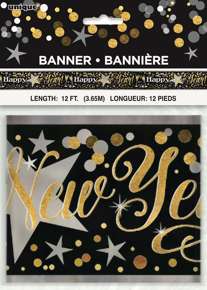 Black foil banner with large gold glittery "New Year" script and silver stars, 12ft long.